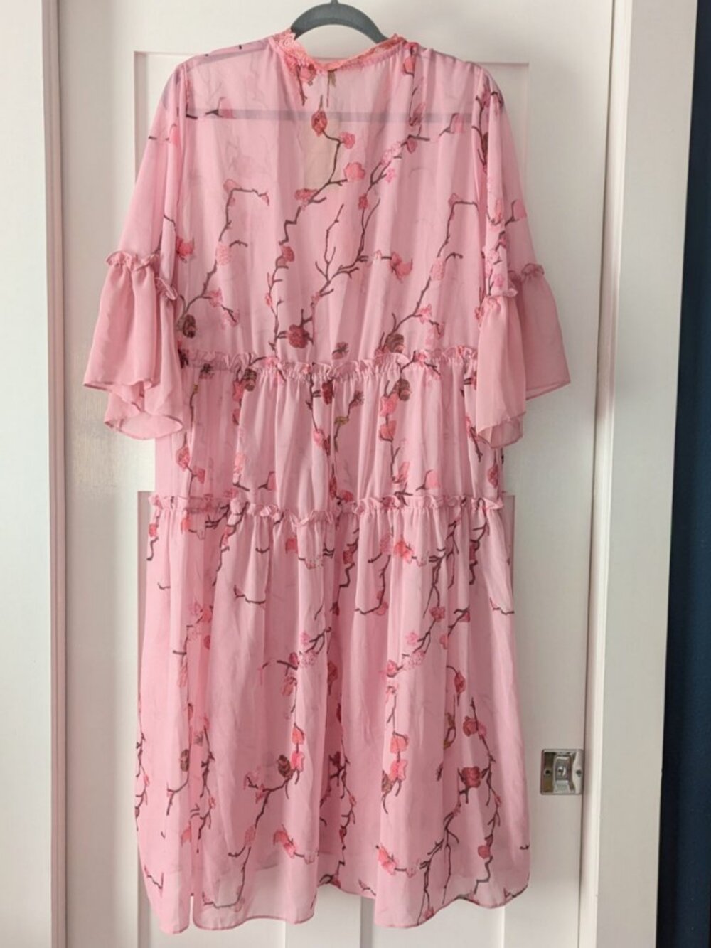 Nwt Soolinen Sheer Tiered Chiffon Midi Dress Pink Floral Dress L Coquette — image 3 of 8